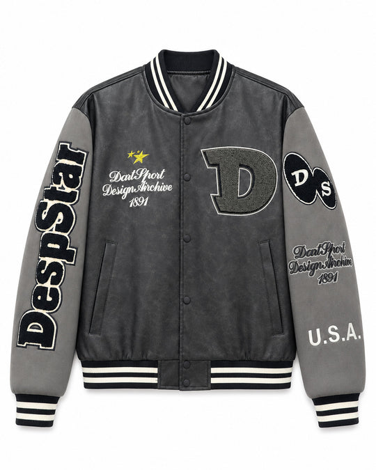 Herren Varsity-Bomberjacke im College-Stil aus Lederimitat mit Applikationen Nord Taschen