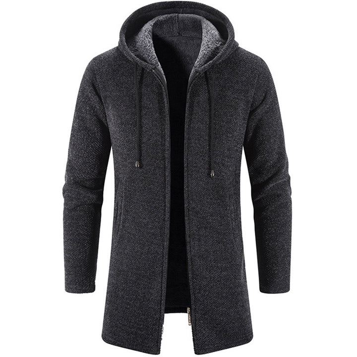 Herren langer Kapuzenstrickmantel mit Teddyfutter, durchgehendem Reißverschluss und seitlichen Eingrifftaschen Nord Taschen