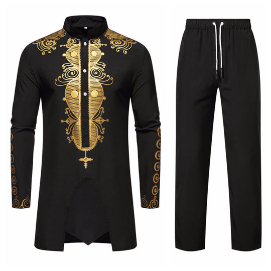 Herren Lange Tunika mit Stehkragen und goldverziertem Ornament Nord Taschen