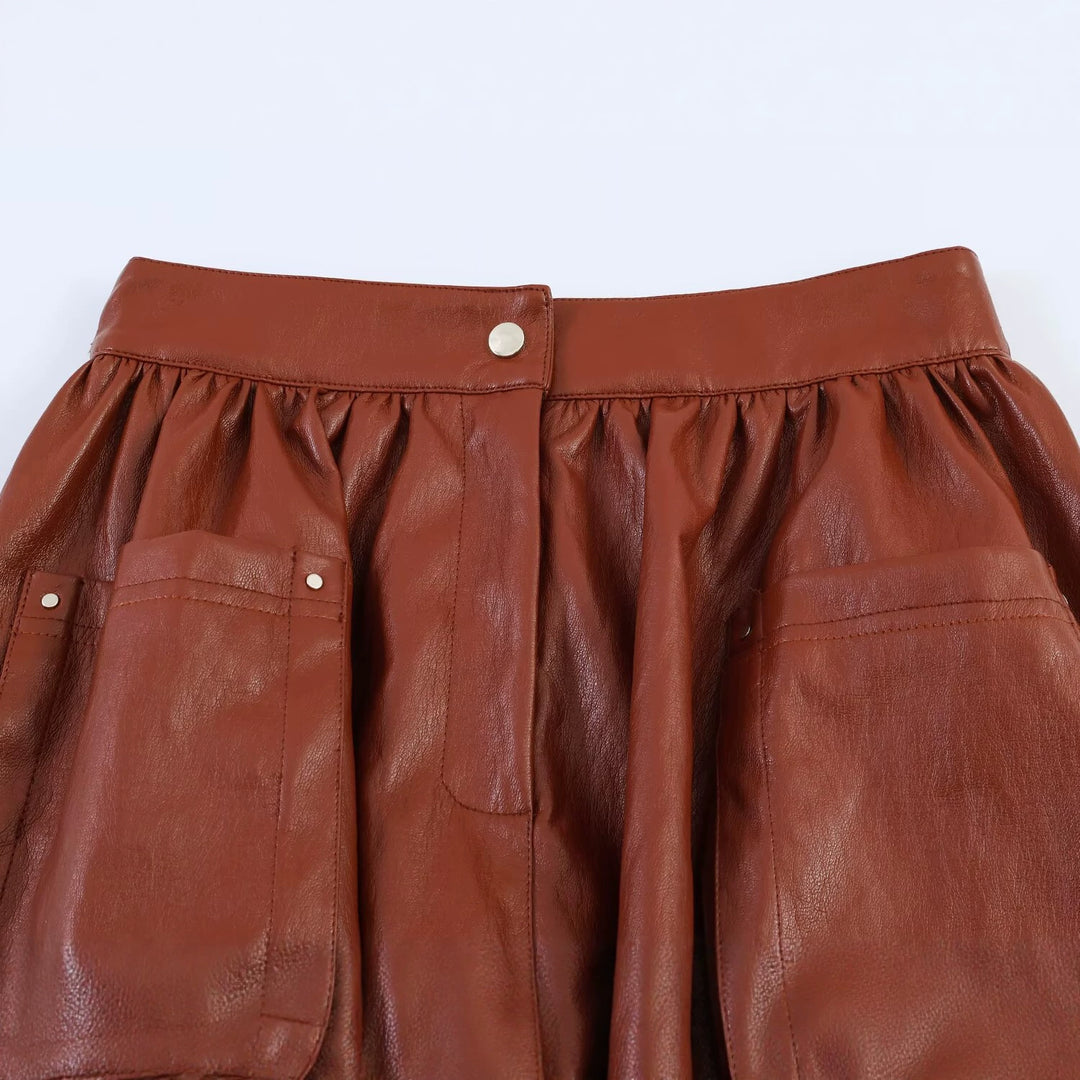 Damen Kurzballonrock aus Kunstleder mit hoher Taille und aufgesetzten Taschen Nord Taschen