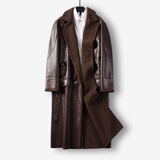Herren Maxilanger Lederimitat-Mantel mit Teddyfutter, doppelreihiger Knopfleiste und Taillengürtel Nord Taschen