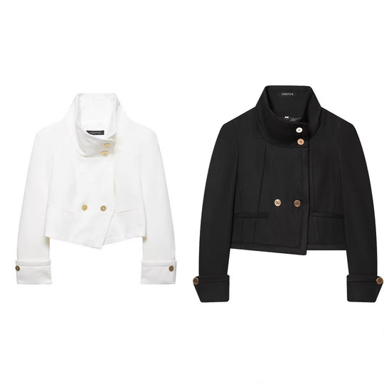 Damen Kurzblazer mit Stehkragen, doppelreihiger Knopfleiste und goldenen Zierknöpfen Nord Taschen