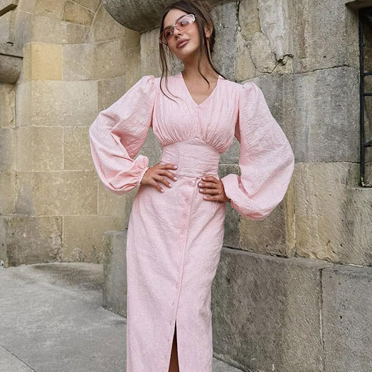Damen Maxikleid mit Puffärmeln, tailliertem Mieder und Frontknopfleiste Nord Taschen