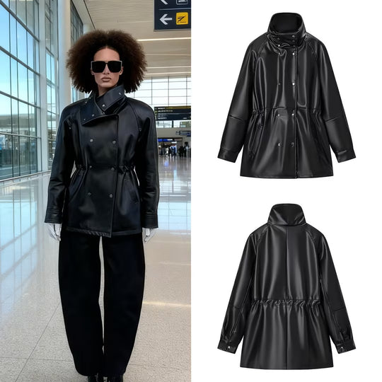 Damen Wasserabweisende Parka‑Jacke aus Kunstleder mit hohem Stehkragen und Tunnelzugtaillierung Nord Taschen