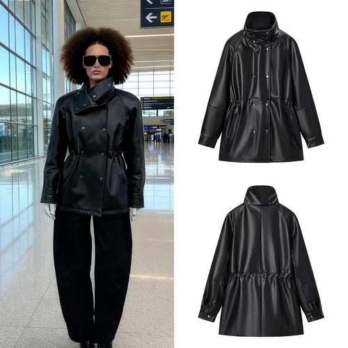 Damen Wasserabweisende Parka‑Jacke aus Kunstleder mit hohem Stehkragen und Tunnelzugtaillierung Nord Taschen