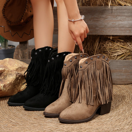 Damen  Cowboy-Ankle-Boots aus Veloursleder mit Fransen und Nietenbesatz mittelhoher Blockabsatz Nord Taschen