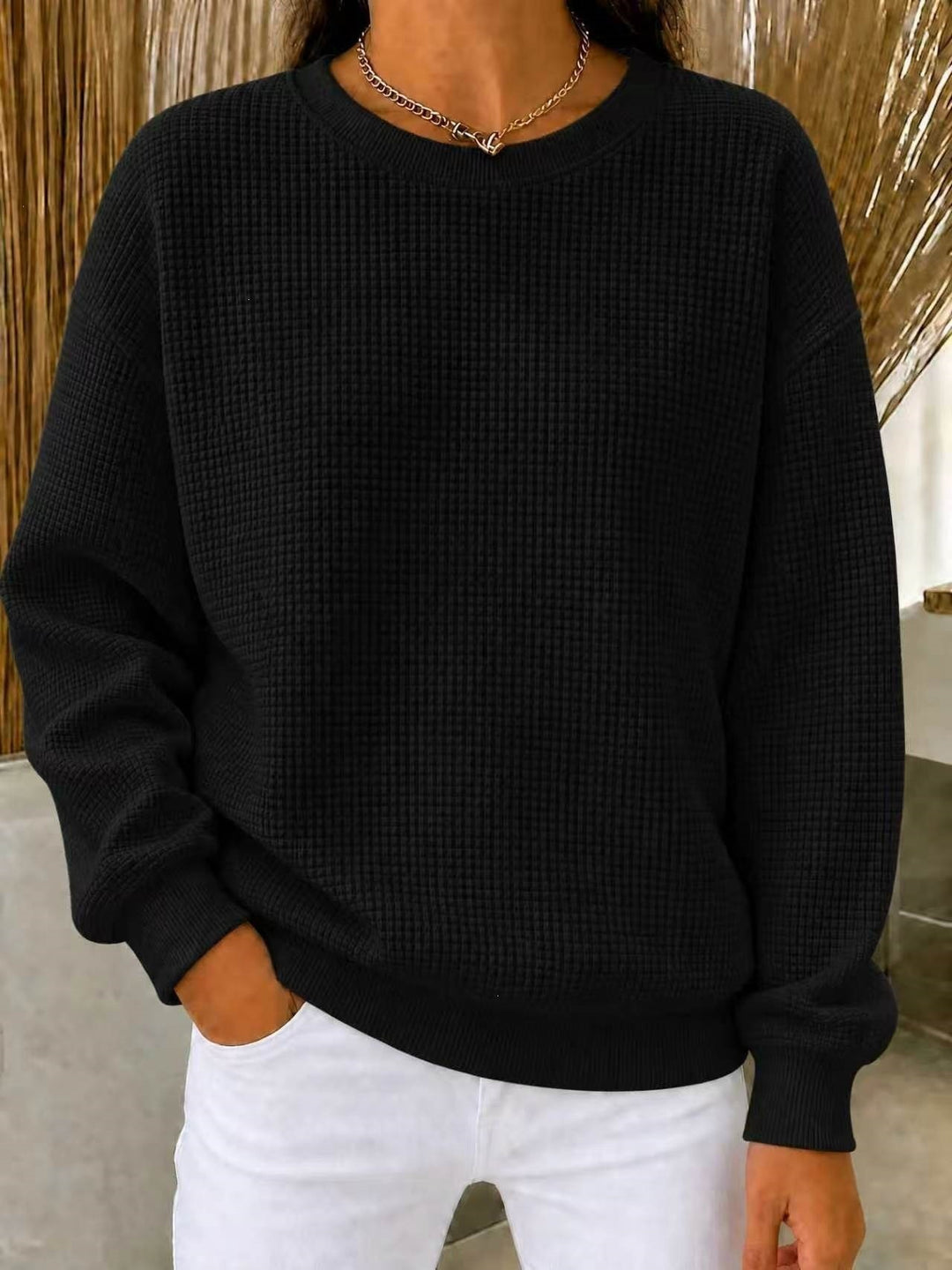 Damen Lockeres Waffelstrick-Sweatshirt mit Rundhalsausschnitt und Rippbündchen Nord Taschen