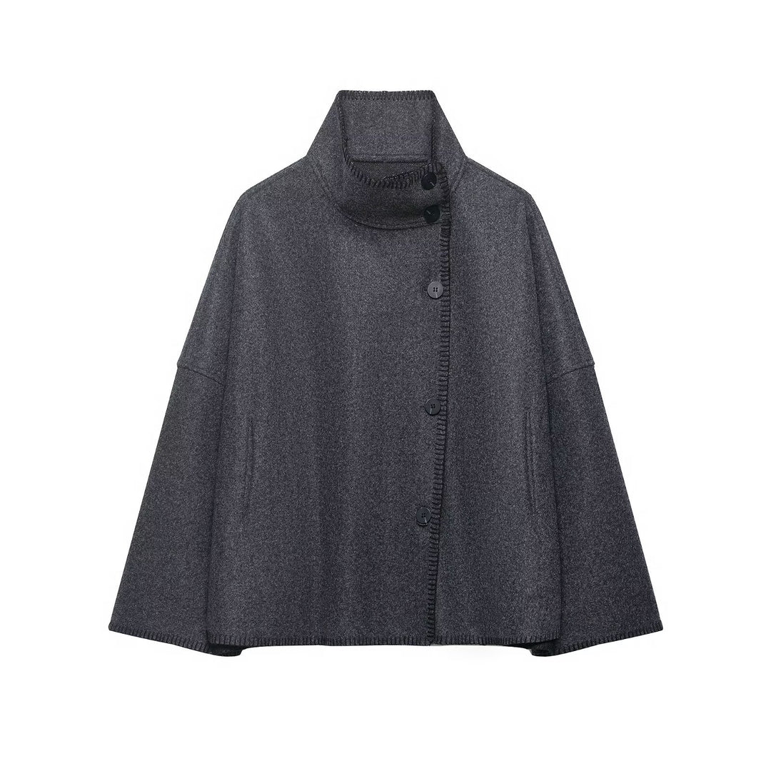 Damen Wollmix-Cape mit hohem Stehkragen, dekorativer Ziernaht und Knopfleiste Nord Taschen