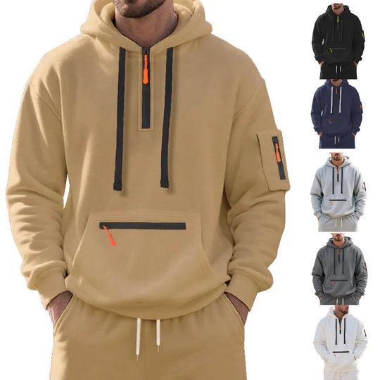 Herren Oversize-Kapuzenpullover mit halbem Reißverschluss, Kängurutasche mit Reißverschluss und Ärmel-Pocket Nord Taschen