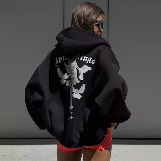 Damen oversized Kapuzenpullover mit Engels-Print und kunstvollem Rückendruck Nord Taschen