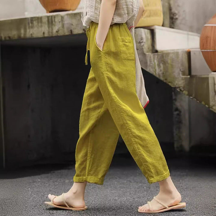 Damen lässige Leinenhose mit elastischem Bund und seitlichen Taschen Nord Taschen