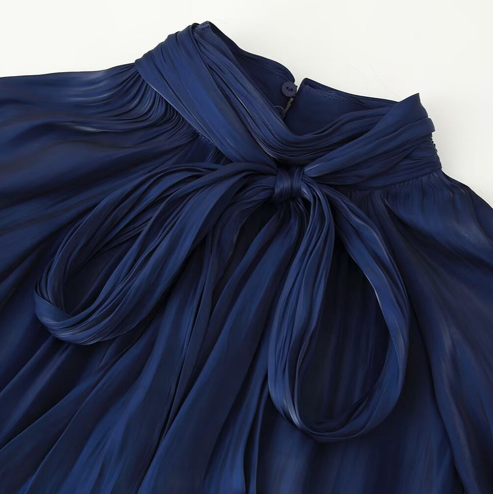 Damen Seidenähnliche Schlupfbluse mit Schleifenkragen, Plissée‑Effekt und gerafften Ballonärmeln Nord Taschen
