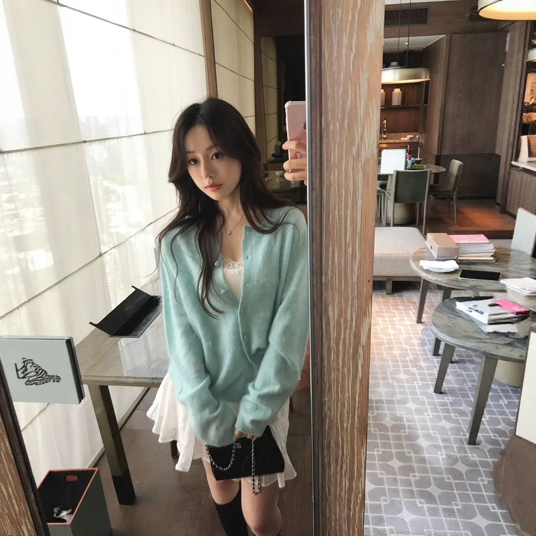 Damen Feinstrick-Cardigan in Mohair-Optik mit stoffbezogenen Knöpfen Nord Taschen