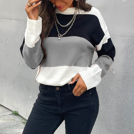 Damen Colorblock-Feinstrickpullover mit überschnittener Schulter und gerippten Bündchen Nord Taschen