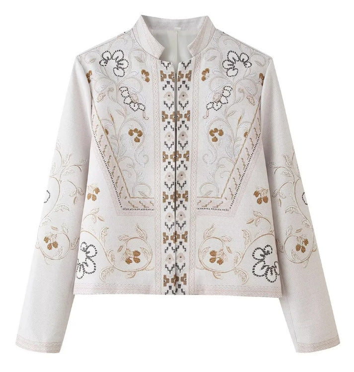 Damen Feine bestickte Kurzjacke mit Stehkragen und floraler Ornament‑Stickerei Nord Taschen