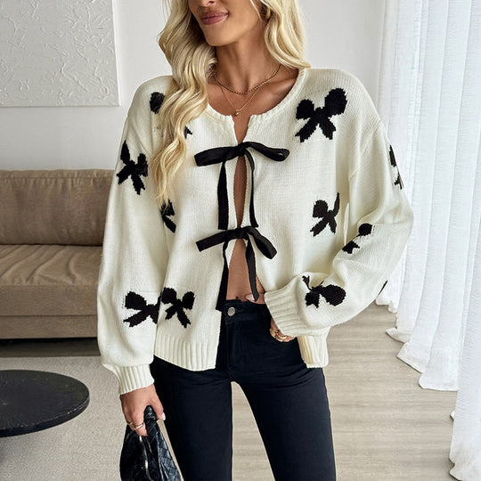 Damen Strickcardigan mit Schleifenapplikation und Bindebändern Nord Taschen