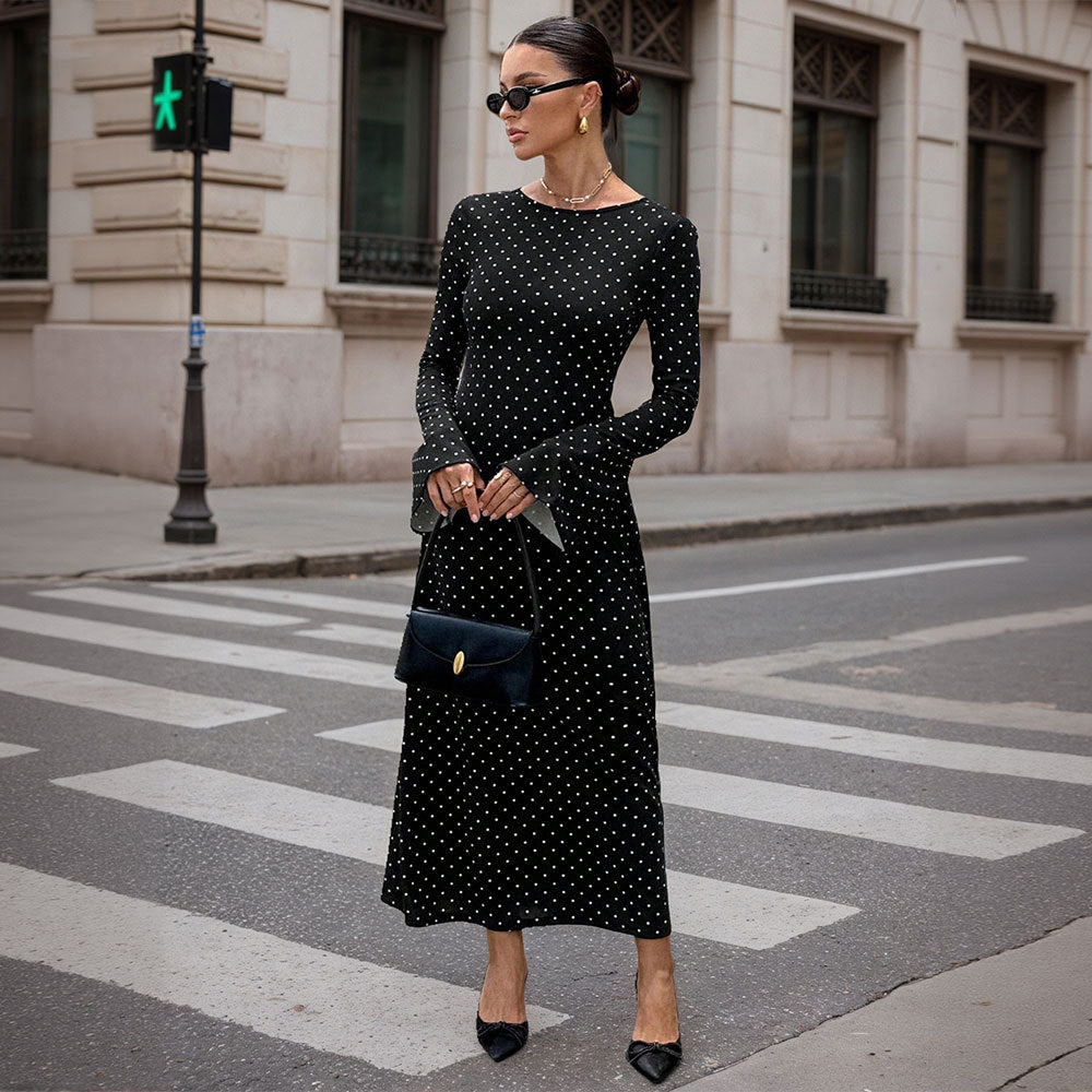 Damen elegantes Polka‑Dot Maxikleid mit tailliertem Oberteil, Trompetenärmeln und fließendem A‑Linien‑Rock Nord Taschen