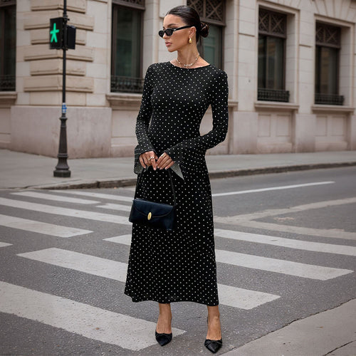 Damen elegantes Polka‑Dot Maxikleid mit tailliertem Oberteil, Trompetenärmeln und fließendem A‑Linien‑Rock Nord Taschen
