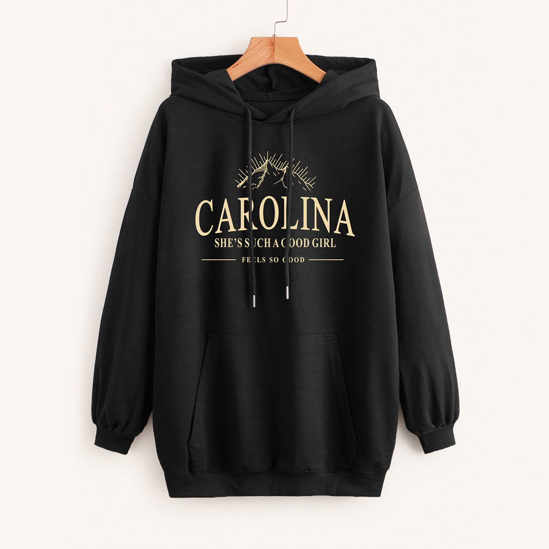 Damen Lässiger Oversize-Kapuzenpullover mit Statement-Print, Kängurutasche und Rippbündchen Nord Taschen