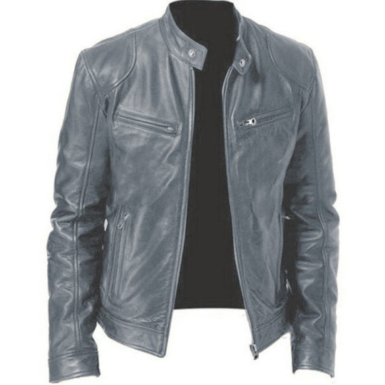 Herren schlanke Echtleder-Bikerjacke mit Stehkragen, zwei Brust-Reißverschlusstaschen und geradliniger Silhouette Nord Taschen