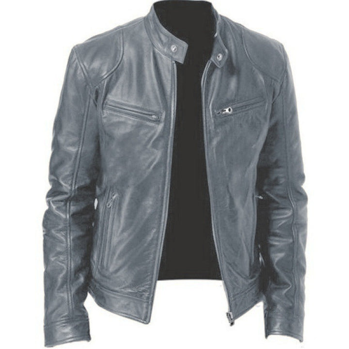 Herren schlanke Echtleder-Bikerjacke mit Stehkragen, zwei Brust-Reißverschlusstaschen und geradliniger Silhouette Nord Taschen