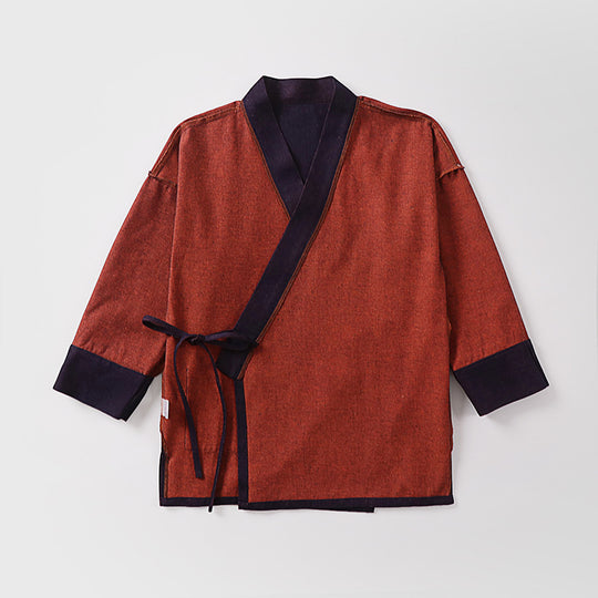 Unisex Leichte Wickel-Kimono-Jacke aus Leinen-Baumwollmix mit Kontrastbesatz und Bindegürtel Nord Taschen
