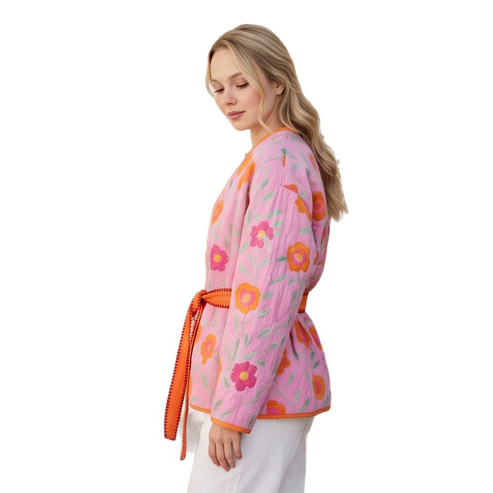Damen Gestepptes Blumen-Kimono mit Bindegürtel Nord Taschen
