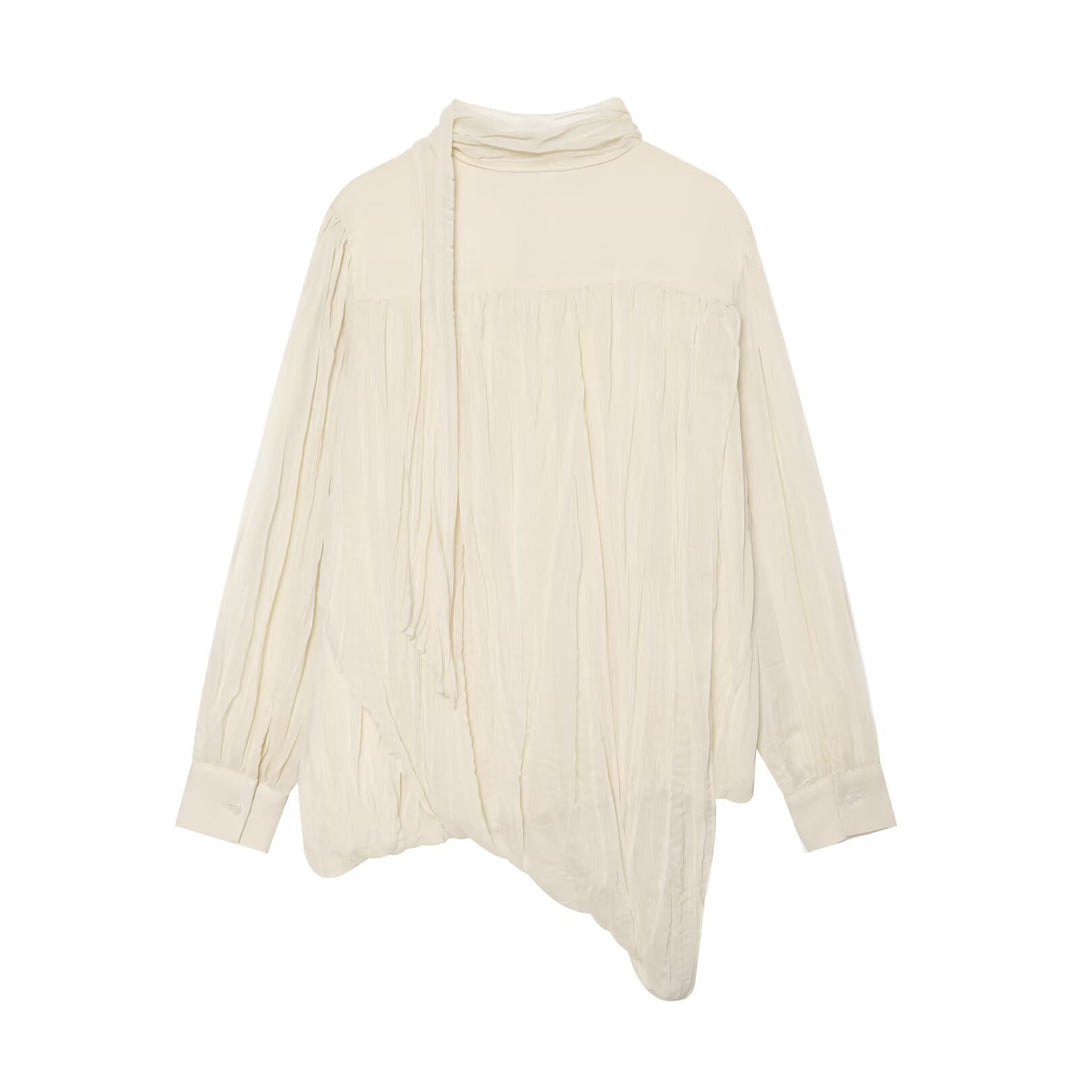 Damen Geraffte Crinkle-Bluse mit Schlauchkragen, Ballonärmeln und gedrehtem Saum Nord Taschen