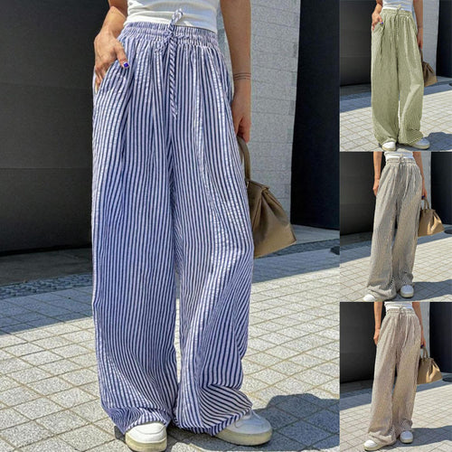 Damen Marlene-Streifenhose aus Leinenmix mit weitem Bein, Elastikbund und Kordelzug Nord Taschen