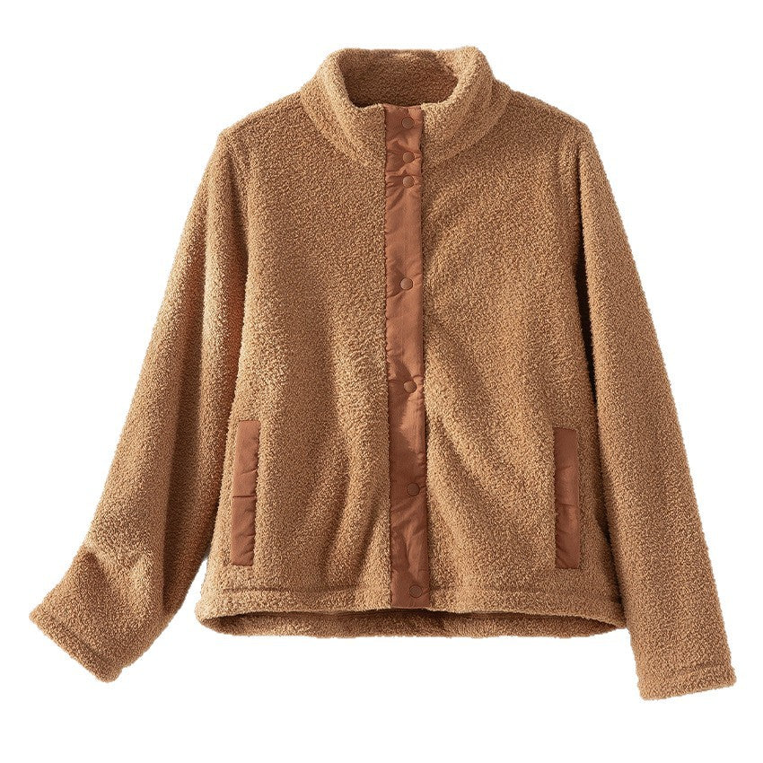 Damen kuschelige Teddy-Fleecejacke mit Stehkragen, Druckknopf-Leiste und kontrastierten Tascheneinfassungen Nord Taschen