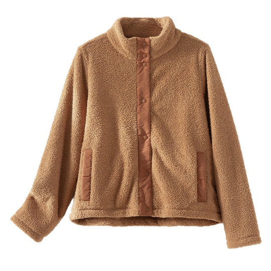 Damen kuschelige Teddy-Fleecejacke mit Stehkragen, Druckknopf-Leiste und kontrastierten Tascheneinfassungen Nord Taschen