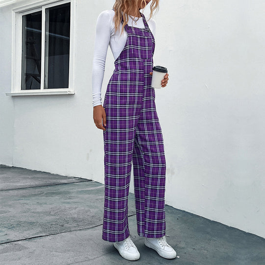 Damen Lässiger Karierter Jumpsuit mit breitem Bein und verstellbaren Trägern Nord Taschen