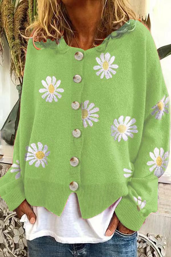 Damen Oversize-Strickcardigan mit Blumenapplikation, Perlmuttknöpfen und Wellensaum Nord Taschen