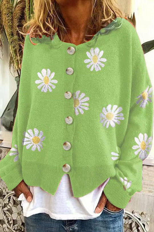 Damen Oversize-Strickcardigan mit Blumenapplikation, Perlmuttknöpfen und Wellensaum Nord Taschen