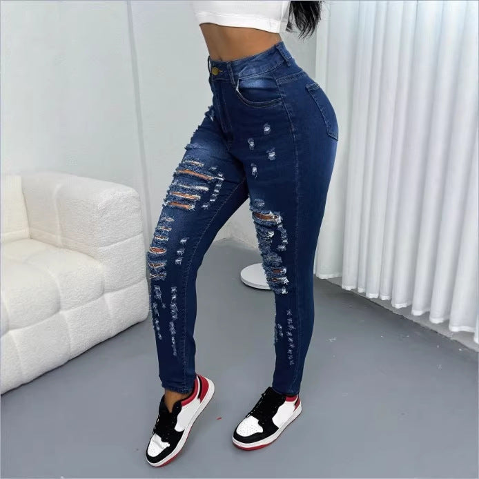 Damen Hochtaillierte Ripped-Skinny-Jeans mit taillenformendem Komfortbund Nord Taschen