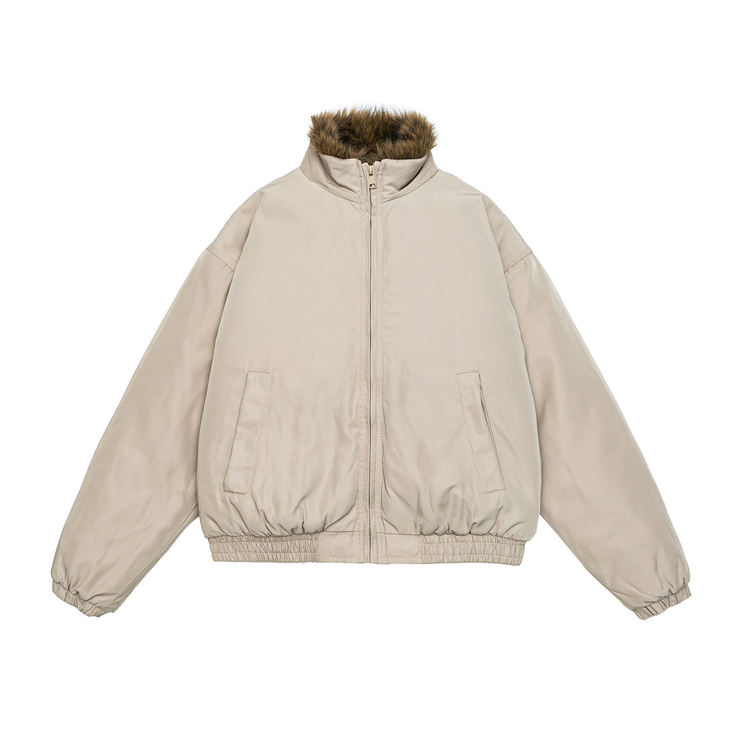 Damen Oversize wattierte Bomberjacke mit elastischem Saum und Kunstfellbesatz Nord Taschen
