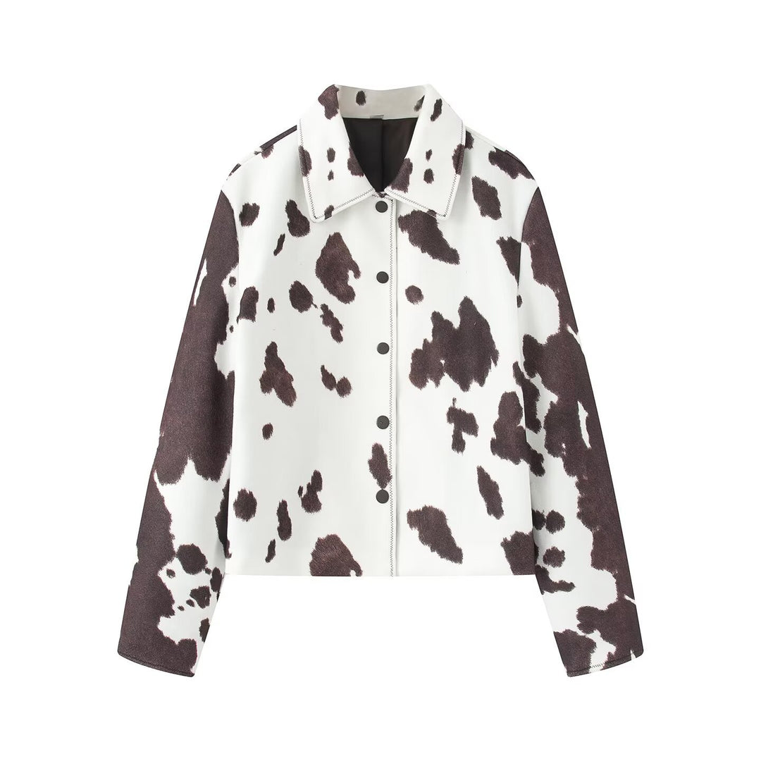 Damen Cropped Hemdjacke im Boxy-Cut mit Kuhflecken-Print und Druckknopfleiste Nord Taschen