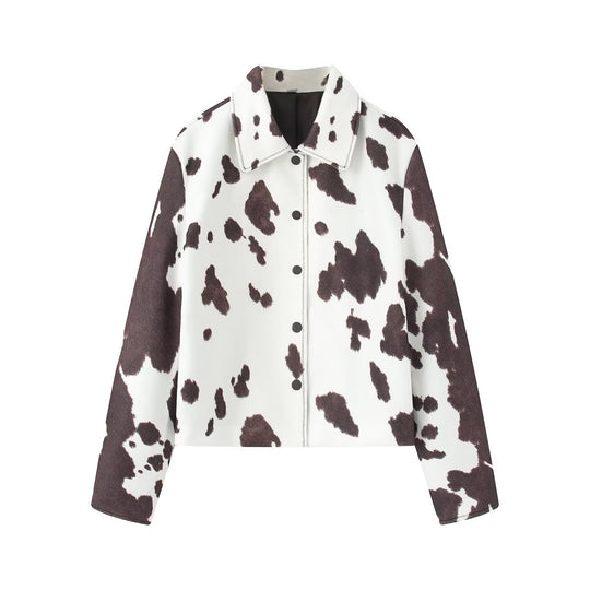 Damen Cropped Hemdjacke im Boxy-Cut mit Kuhflecken-Print und Druckknopfleiste Nord Taschen