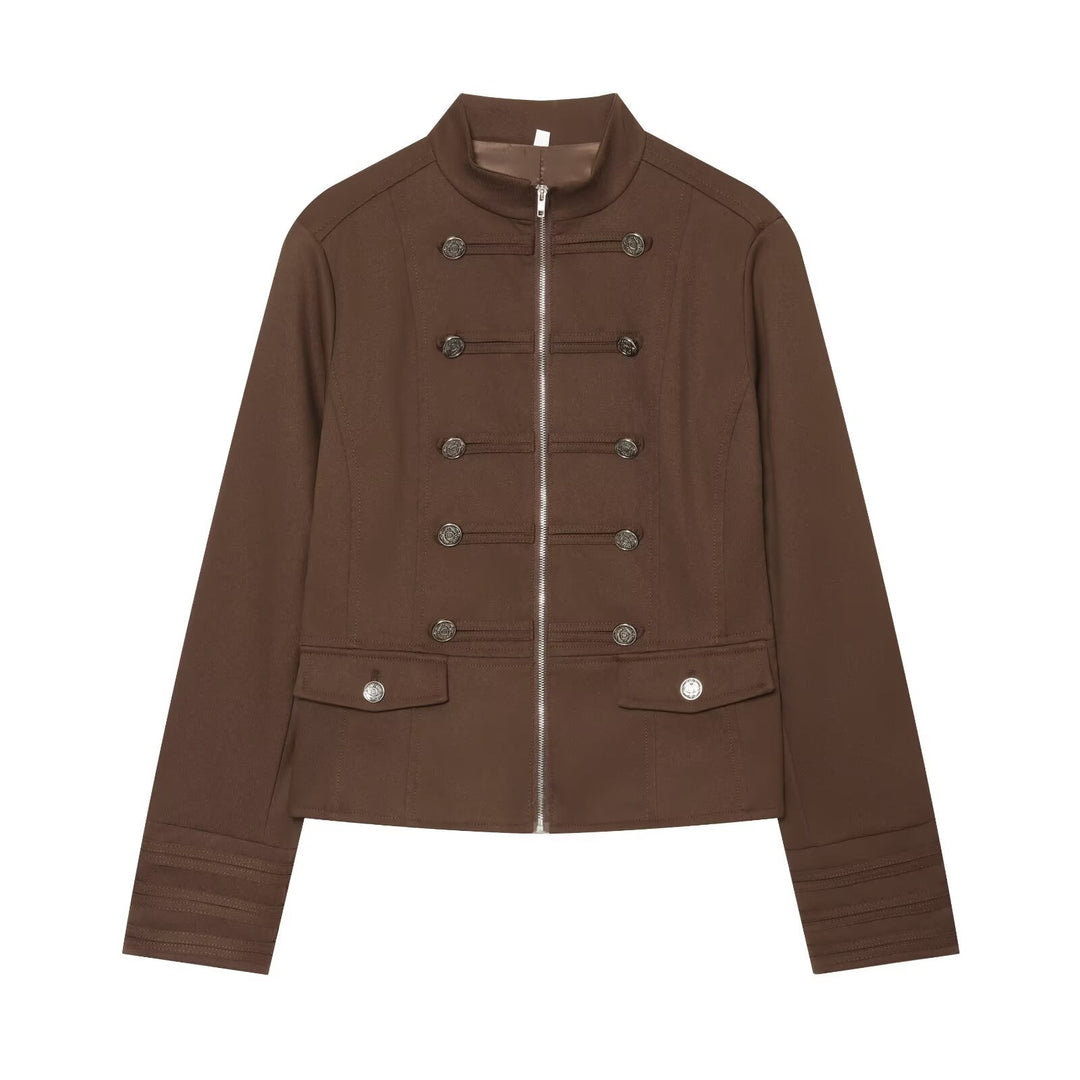 Damen Militärinspirierte Kurzjacke mit Stehkragen und Zierknöpfen Nord Taschen