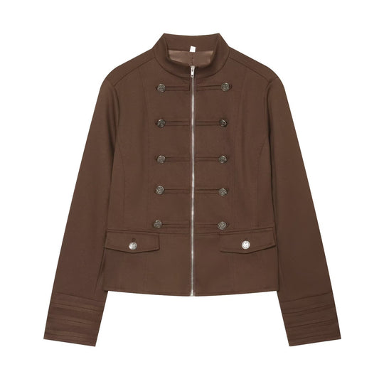 Damen Militärinspirierte Kurzjacke mit Stehkragen und Zierknöpfen Nord Taschen