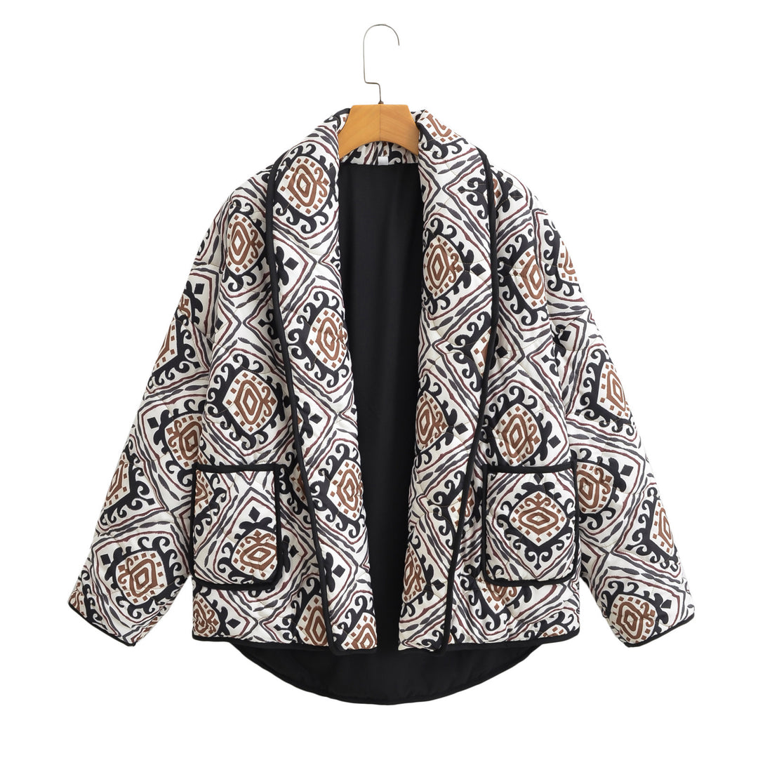 Damen Gesteppte Kimono-Jacke mit Ethno-Print, Kontrastpaspel und aufgesetzten Taschen Nord Taschen