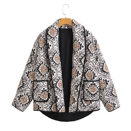 Damen Gesteppte Kimono-Jacke mit Ethno-Print, Kontrastpaspel und aufgesetzten Taschen Nord Taschen