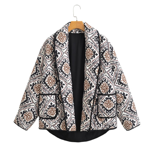 Damen Gesteppte Kimono-Jacke mit Ethno-Print, Kontrastpaspel und aufgesetzten Taschen Nord Taschen