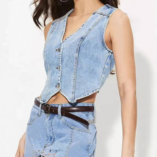 Damen taillierte ärmellose Jeansweste mit V-Ausschnitt Nord Taschen