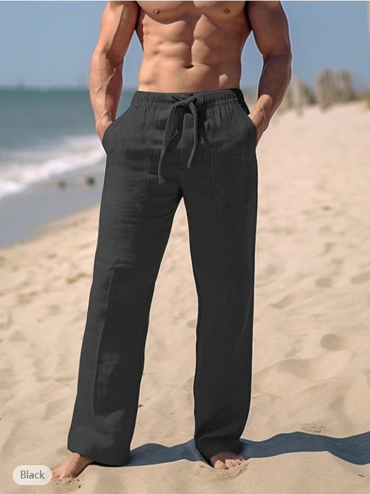 Herren gerade geschnittene Leinen-Loungehose mit Kordelzug, tiefen Eingrifftaschen und atmungsaktiver Struktur Nord Taschen
