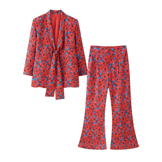 Damen Zweiteiliges Blazer- und Schlaghosenset mit Knotenblende Nord Taschen