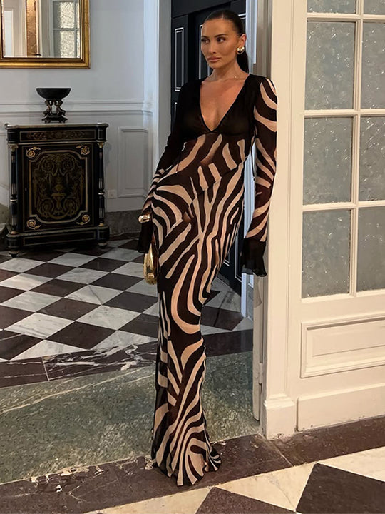 Damen figurbetontes Mesh‑Maxikleid mit tiefem V‑Ausschnitt & grafischem Zebra‑Print Nord Taschen