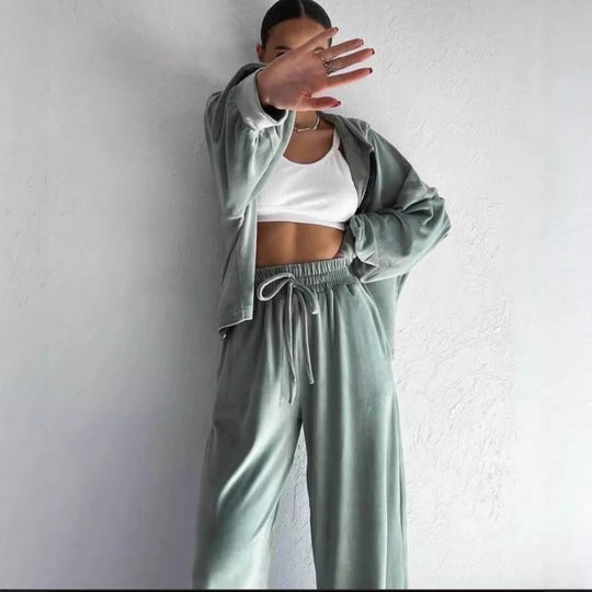 Damen luxuriöses Velours-Lounge-Set mit kurzem Reißverschluss-Hoodie und weitem High-Waist-Hose Nord Taschen