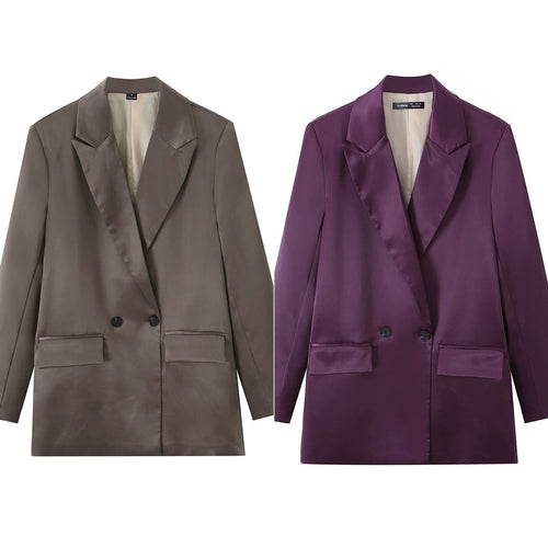 Damen Satin-Longblazer mit doppelreihiger Knopfleiste, Schalkragen und Pattentaschen Nord Taschen