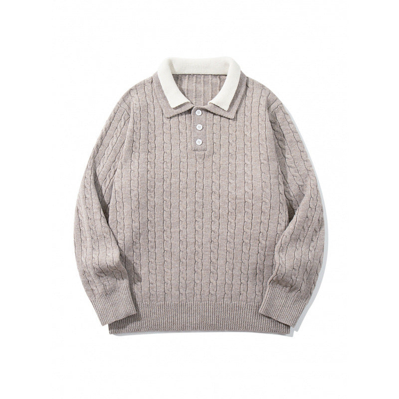 Herren Grobgestrickter Polokragen-Pullover mit Zopfmuster und Knopfleiste Nord Taschen
